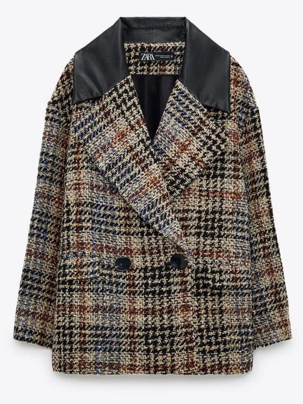 Zara Multi Double-Breasted Tweed Blazer Jacket with Black Faux Leather Collar